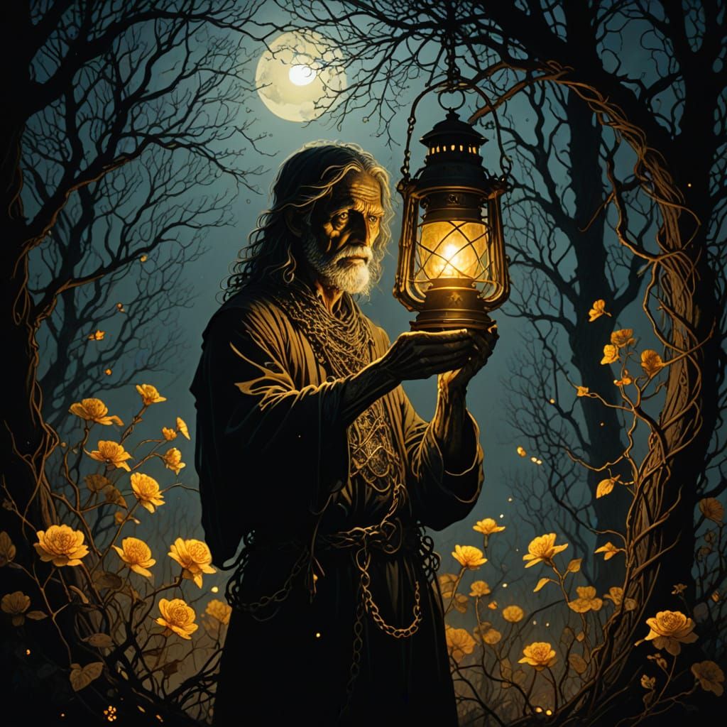 Eerie Double Exposure Lantern with Zentangle Flowers