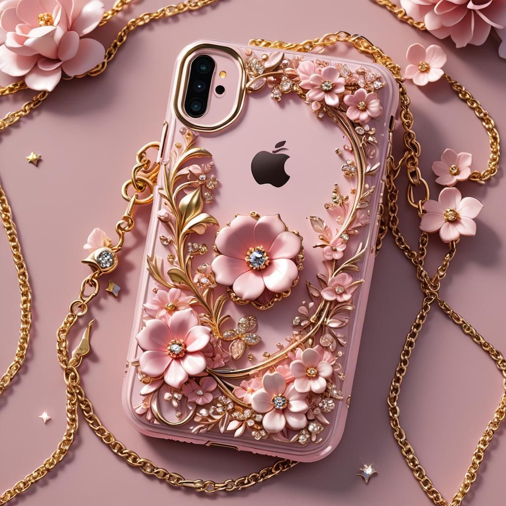 Glittery Pink Phone Case with Gold Chain: Anime Art
