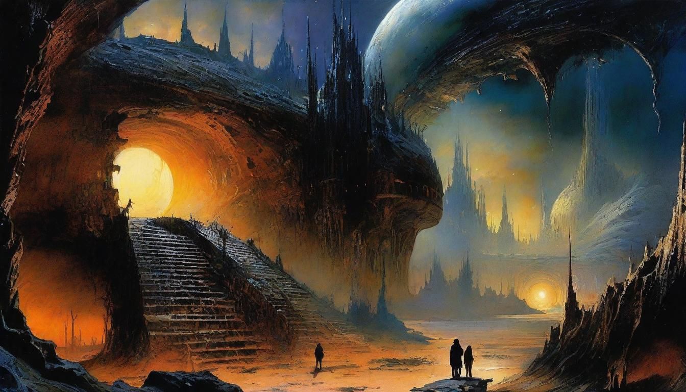 Dark Dragon Guards Alien Catacombs, Fantasy Watercolor