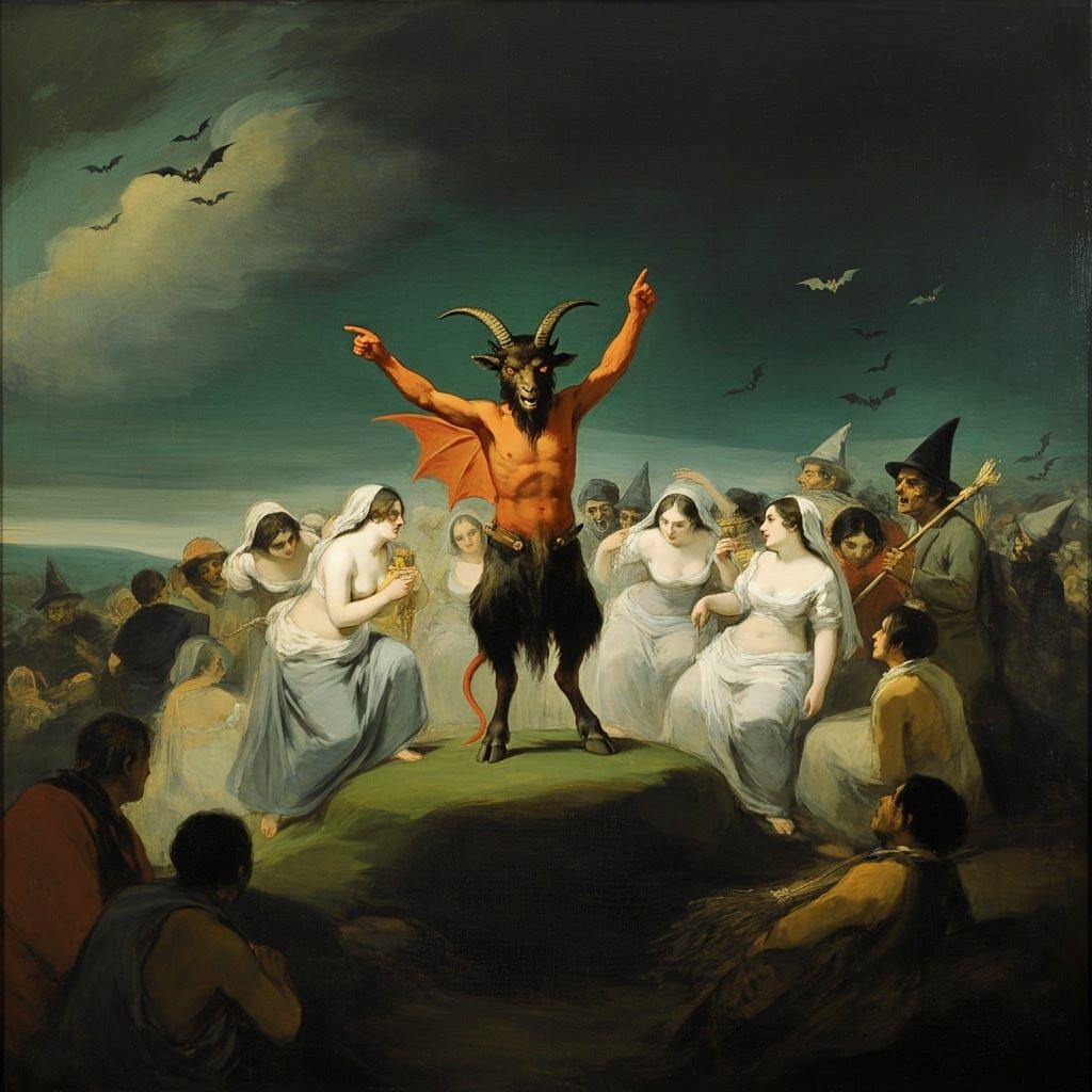 Dramatic Dark Fantasy Scene with Witches and Skeletons