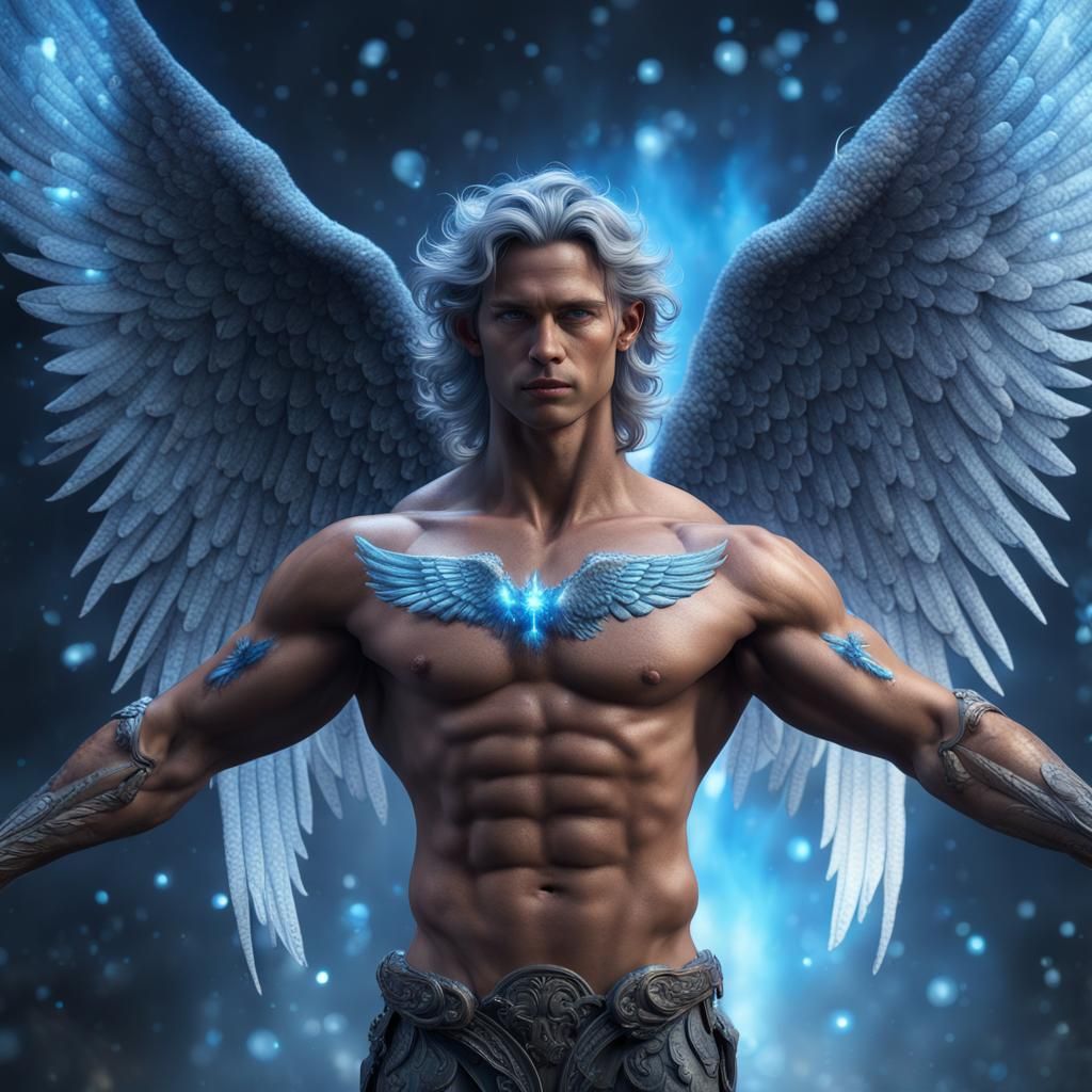 Hyperrealistic Mystical Angel with Blue Sparkles