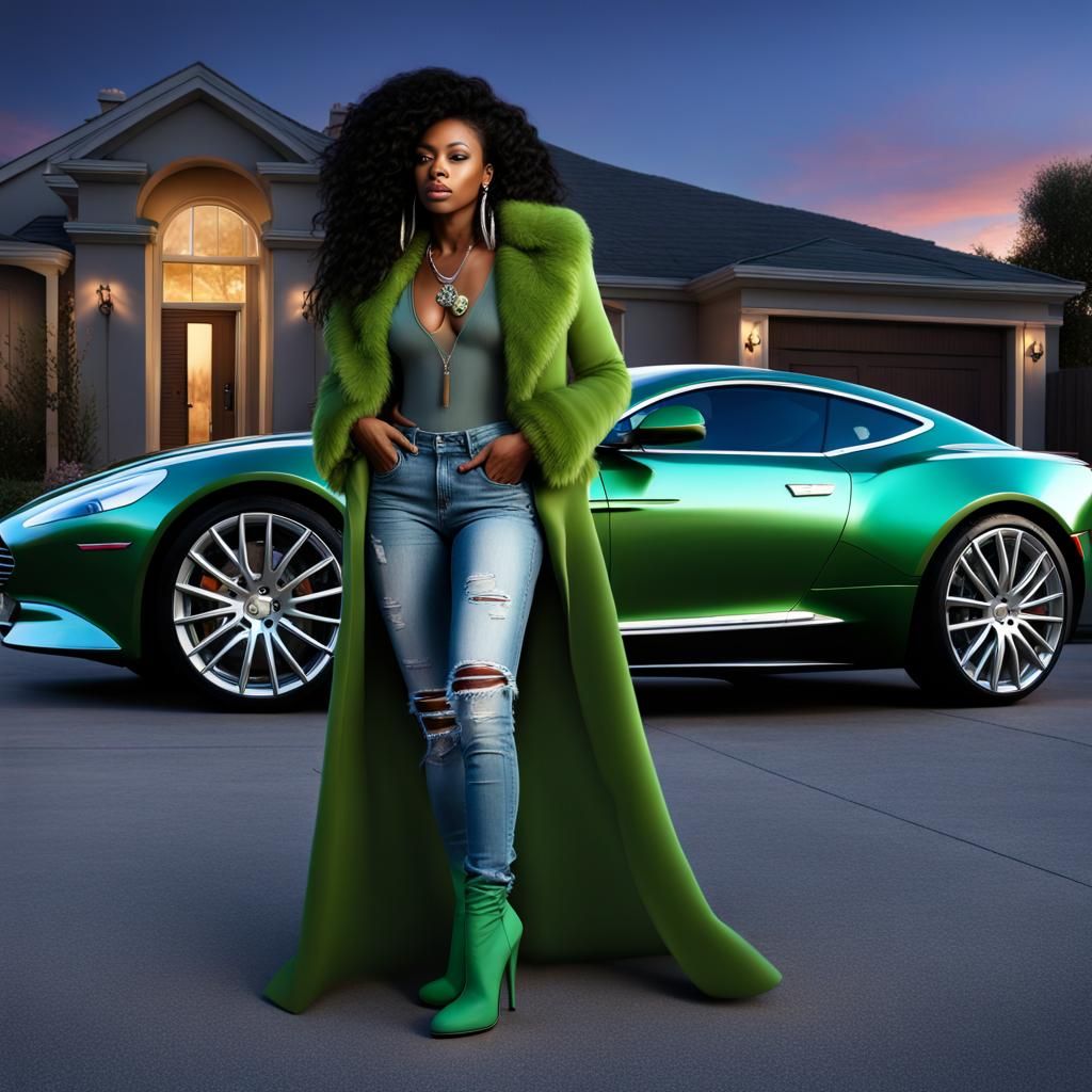 Gorgeous Woman with Aston Martin: Ultra Realistic Night Scen...