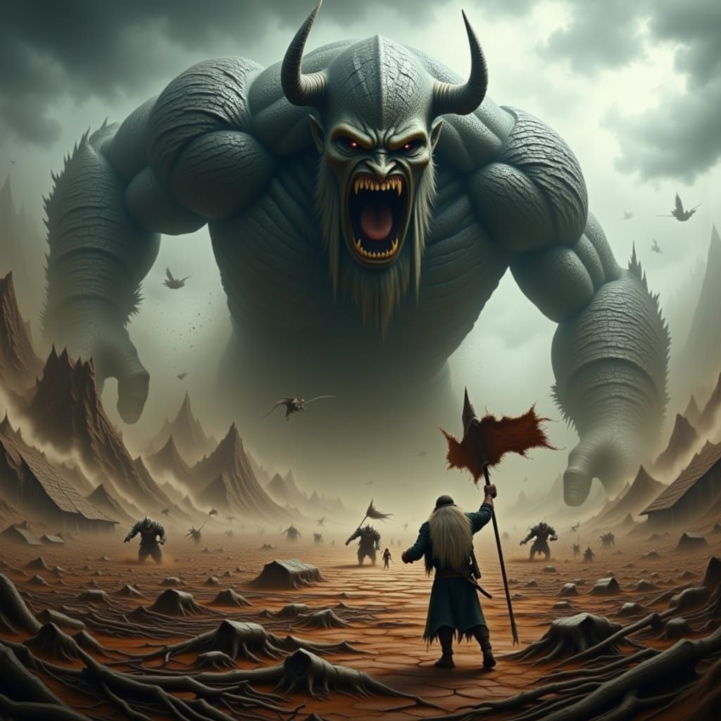 Giants Charging in Epic Battle Scene