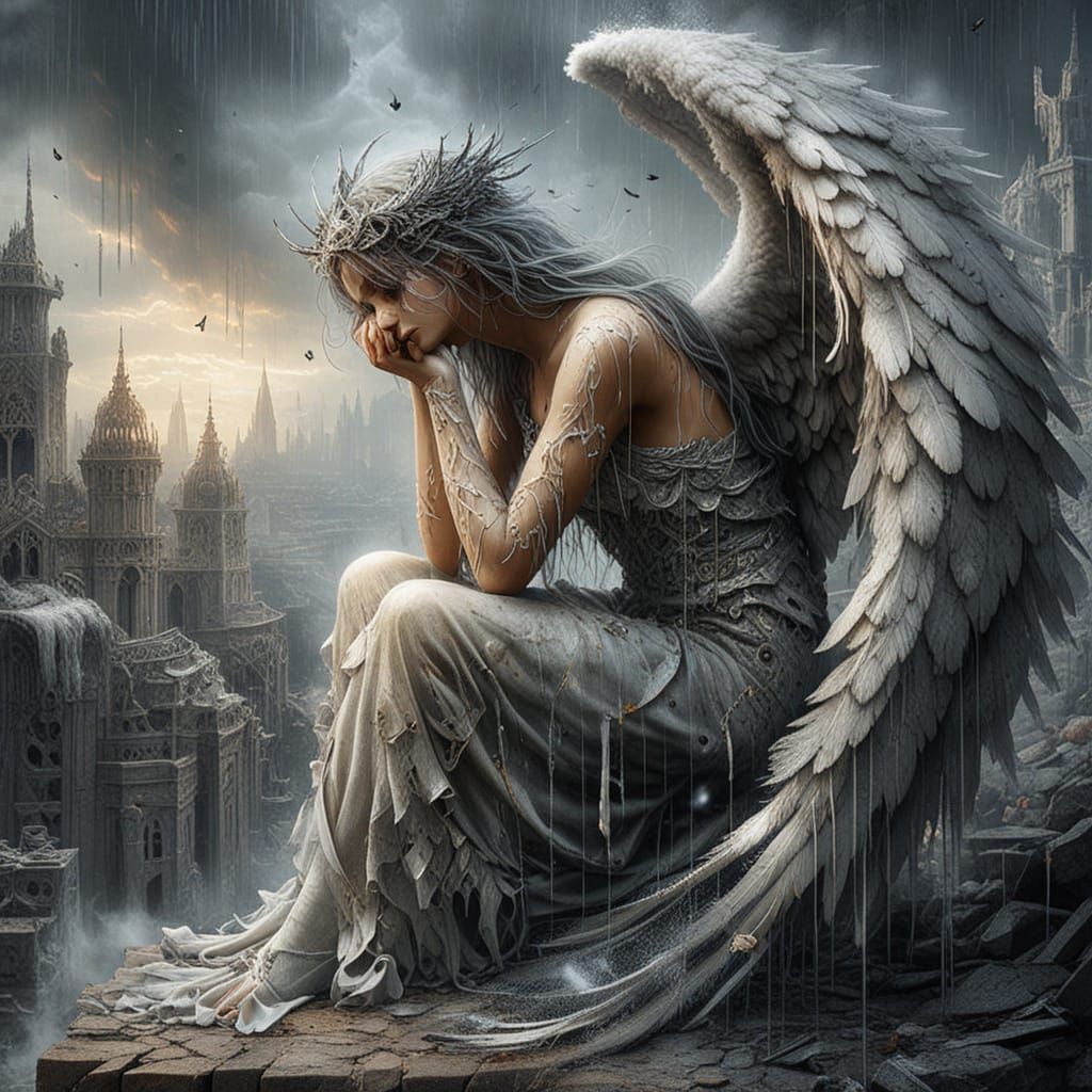 Surreal Fallen Angel Descends from Heaven