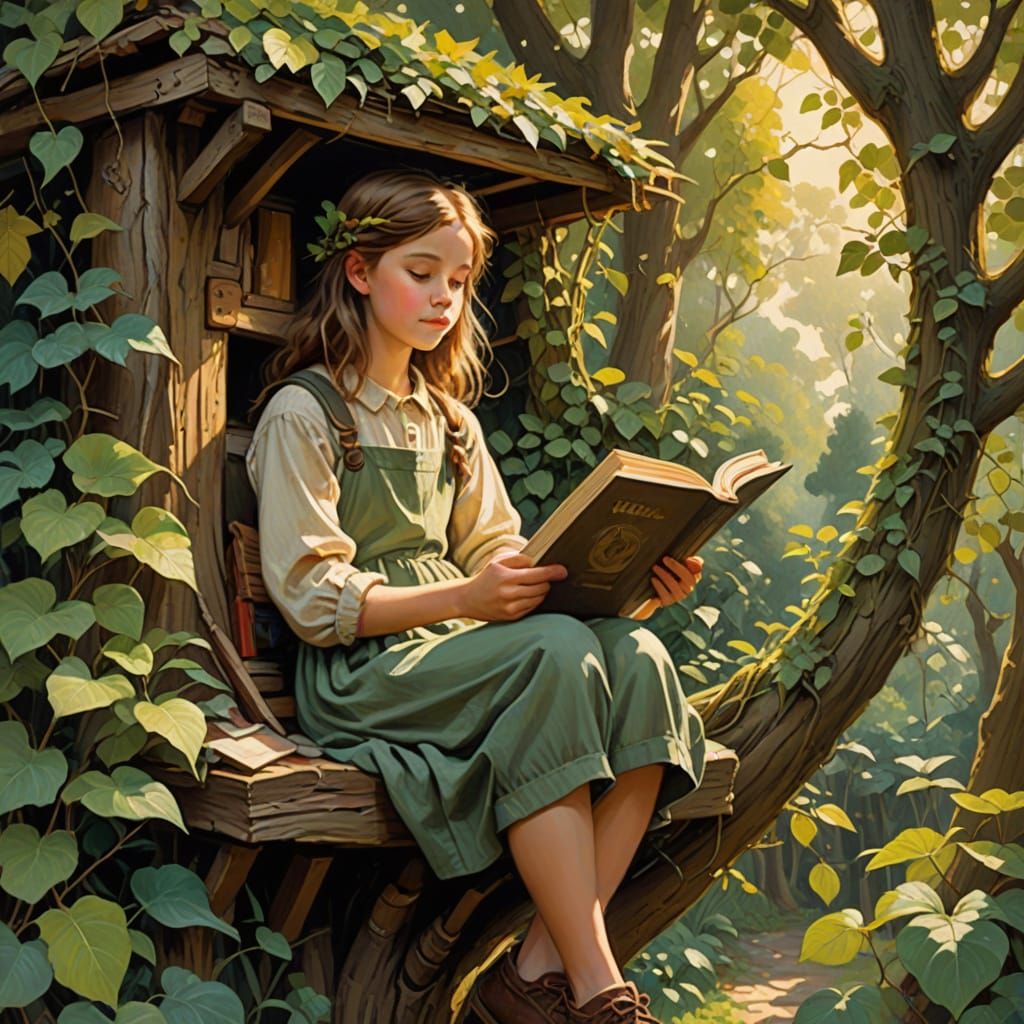 Whimsical Treehouse Scene with Young Bookworm