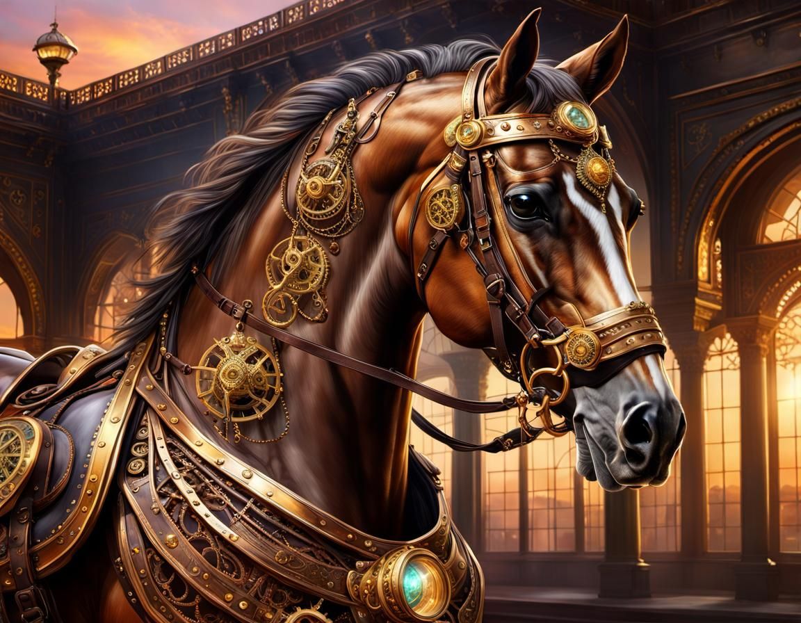 Steampunk Arabian Horse Portrait at Sunset