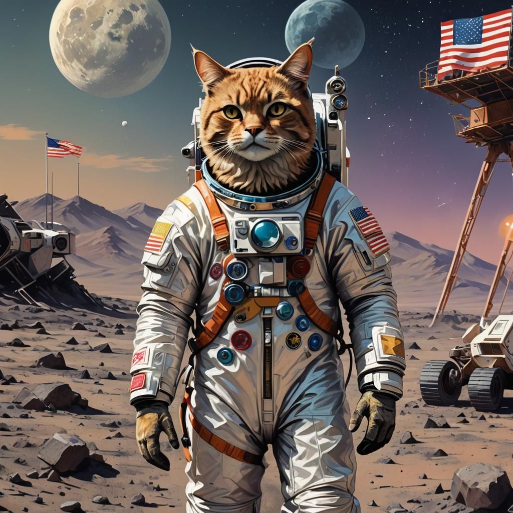 Cat Astronaut Plants Flag on the Moon