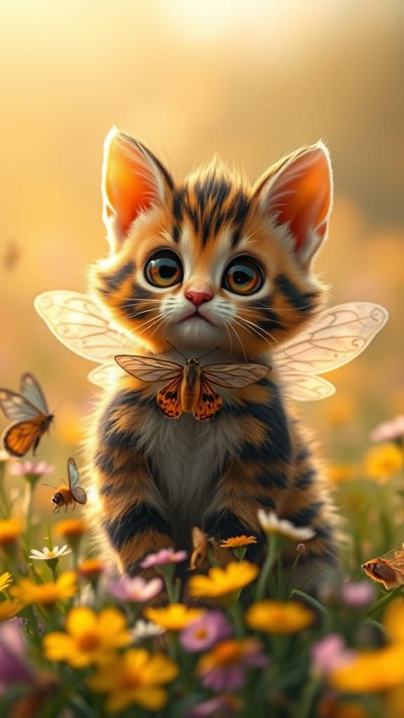 Whimsical Yellow and Black Feline Hybrid in a Flower Field