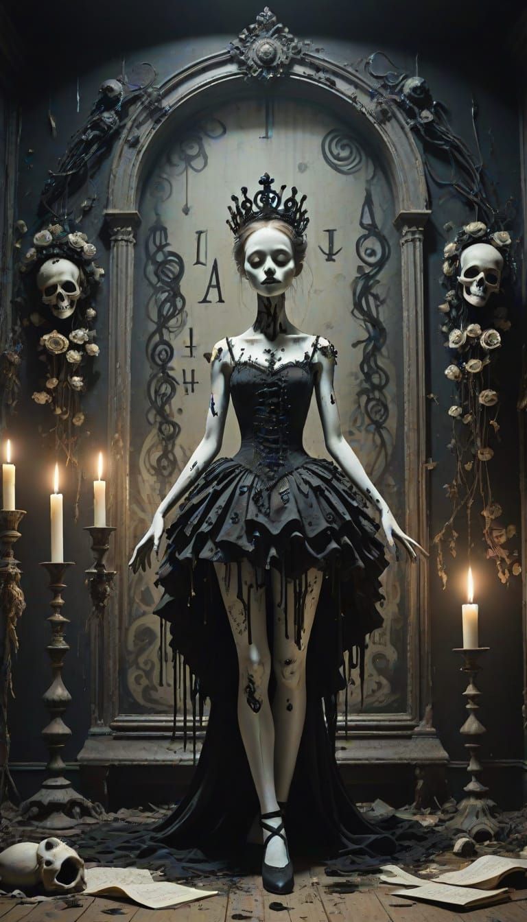 Surreal Theater Stage with Ballerinas and Roses