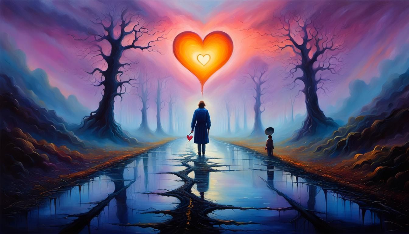 Surreal Person with Two Hearts in Oil Painting