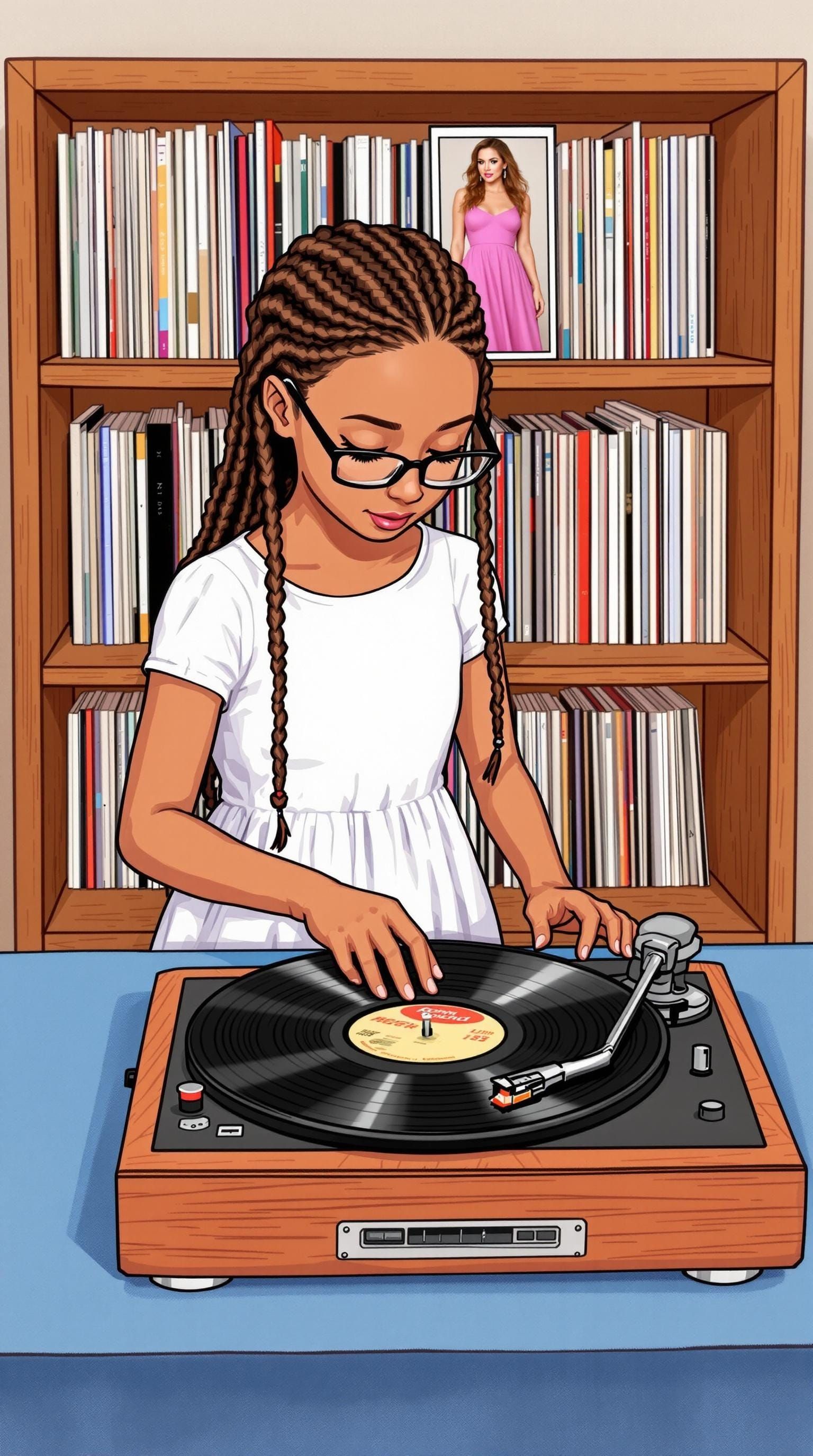 Girl Places Vinyl Record on Vintage Turntable in Music Room