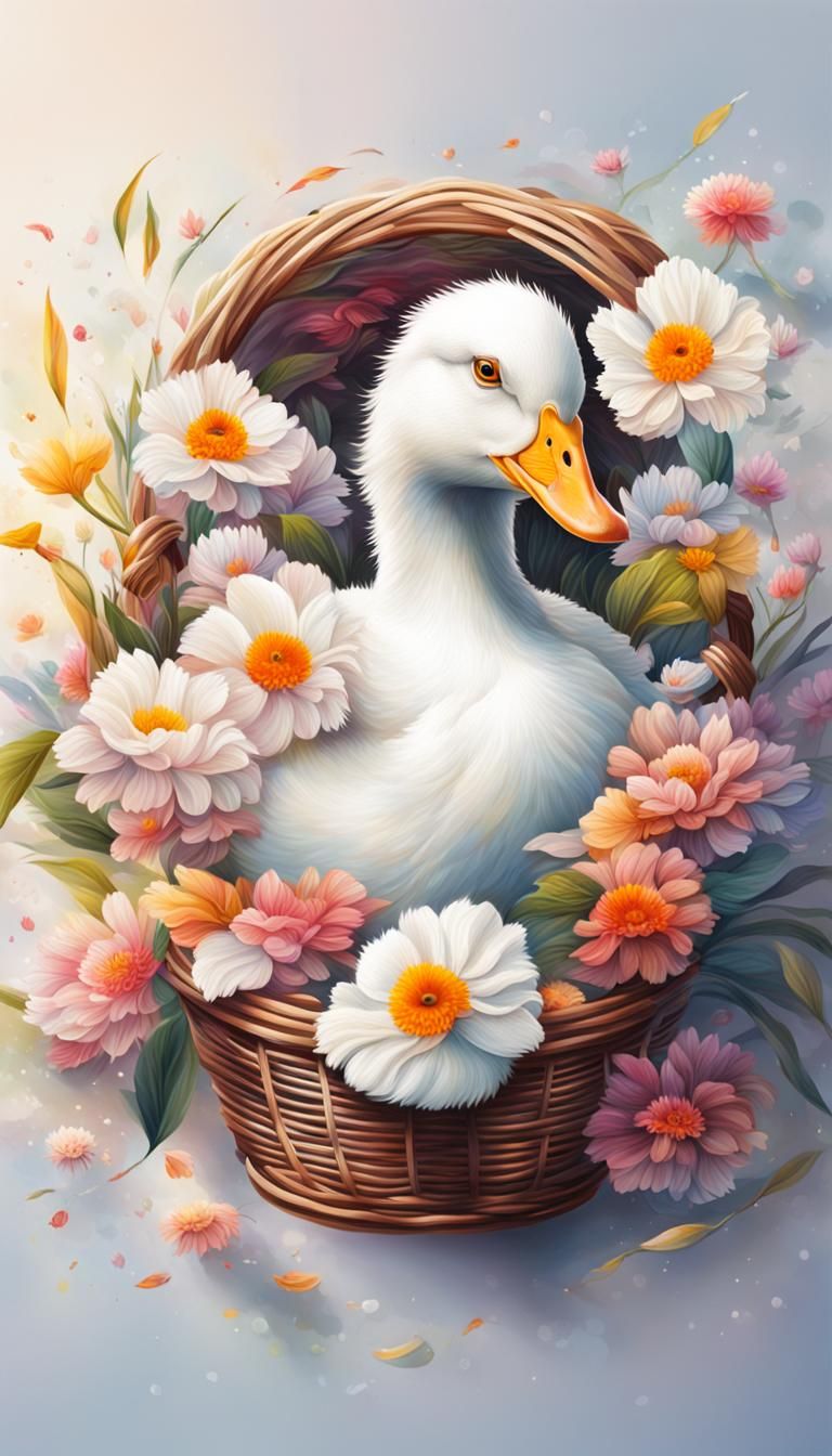 Fluffy White Duck in Floral Basket, Hyperrealistic Art