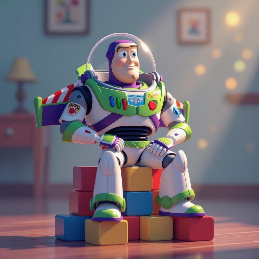 Buzz Lightyear Thoughtfully Sitting on Toy Blocks