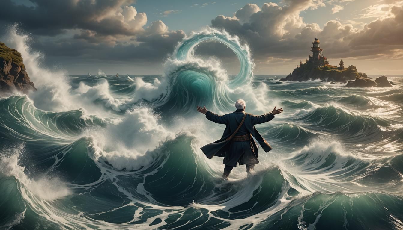 Elderly Man Commands Ocean Whirlpool: Fantasy Concept Art