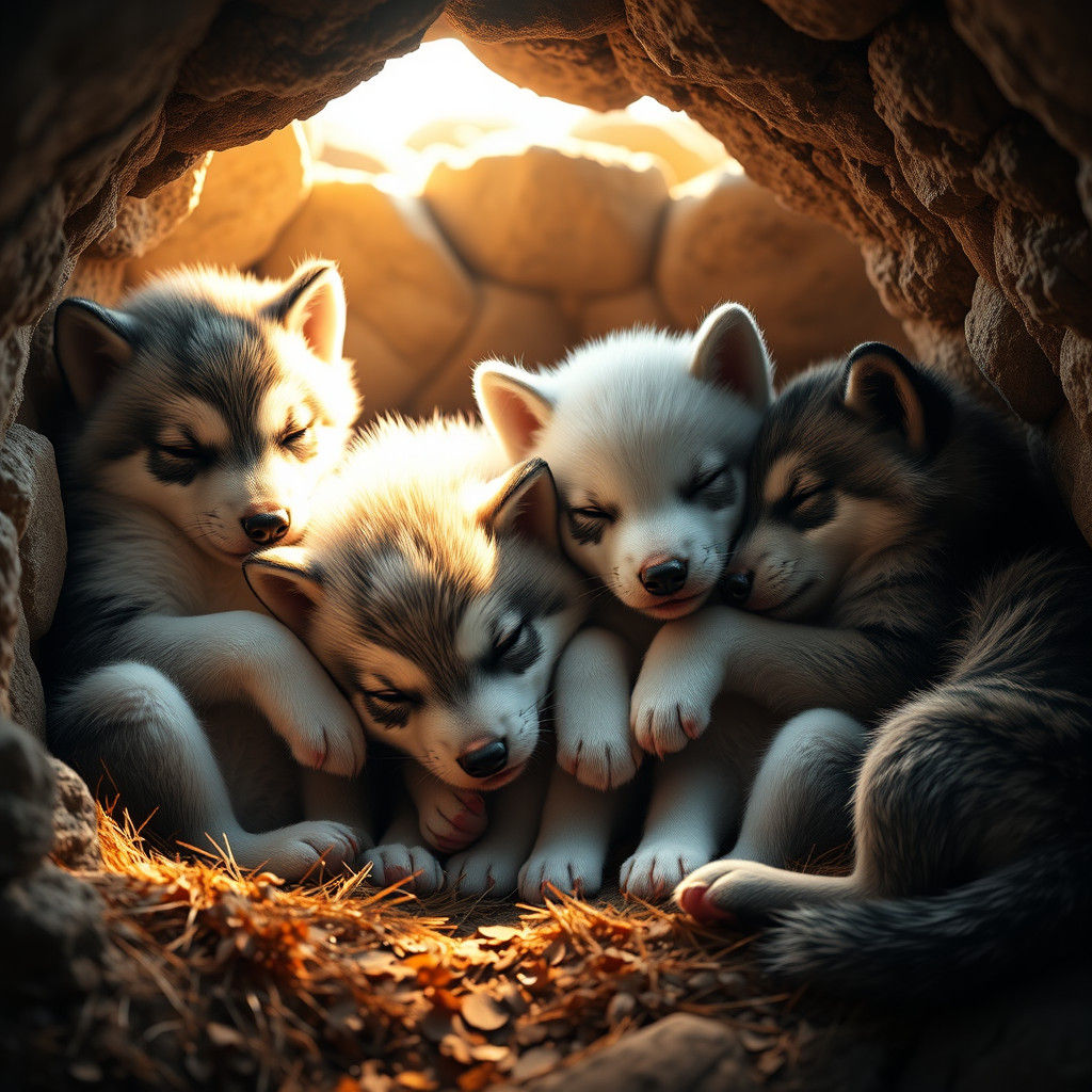 Sleeping Wolf Pups in Cozy Den