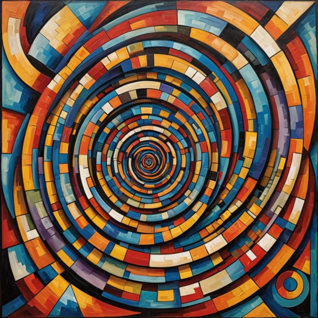 Geometric Fraser Spiral in Neo-Cubist Oil Painting