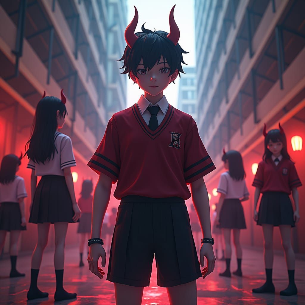 Anime High School Boy Surrounded by Devilish Girls