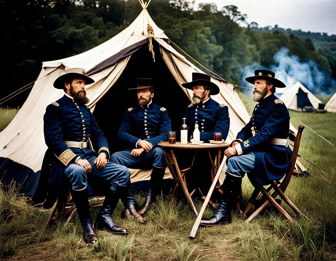 1860s American Civil War : A group of Union Generals   sitiing in front of a tent