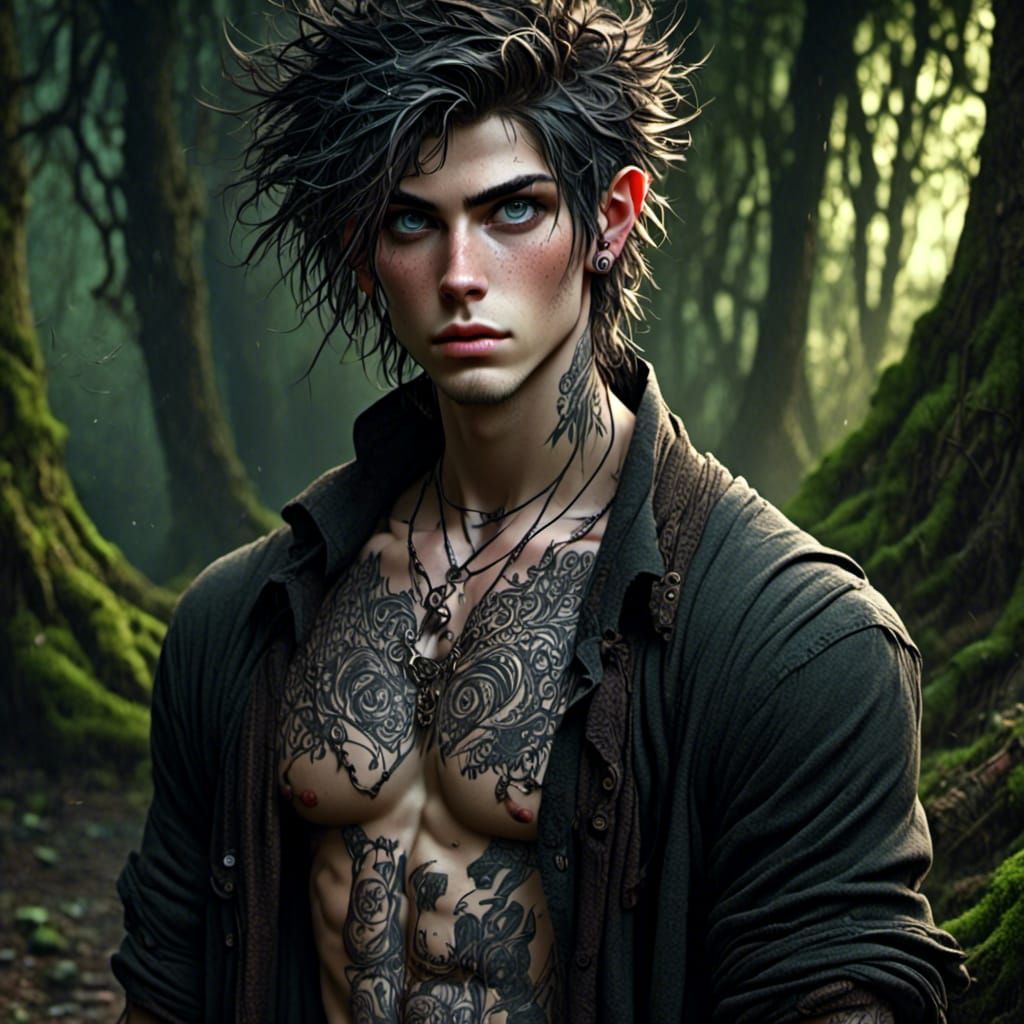 Celtic Tattooed Man in Moody Forest