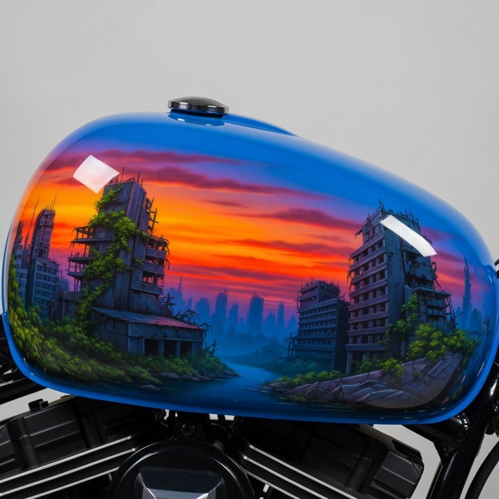 Airbrushed Post-Apocalyptic Cityscape Motorcycle Tank