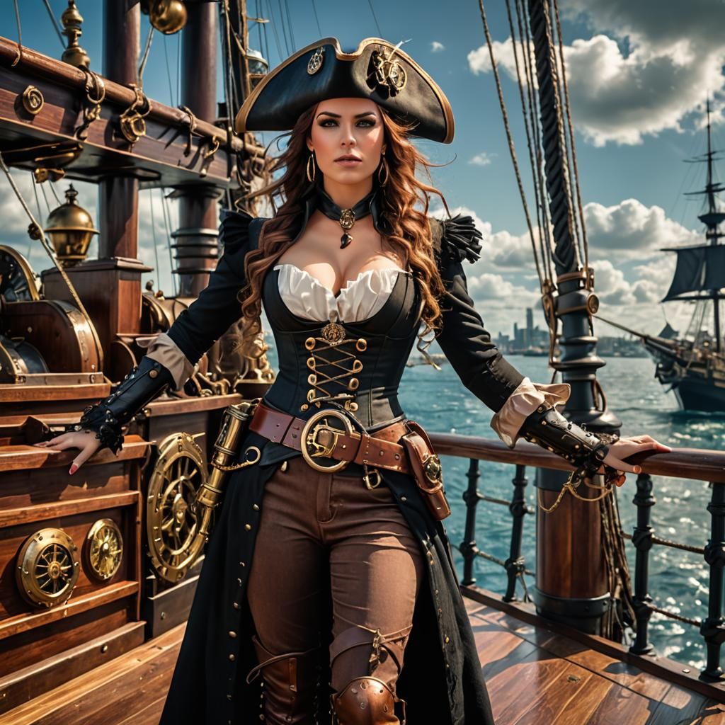 a beautiful female pirate standing on the deck of her ship. ...