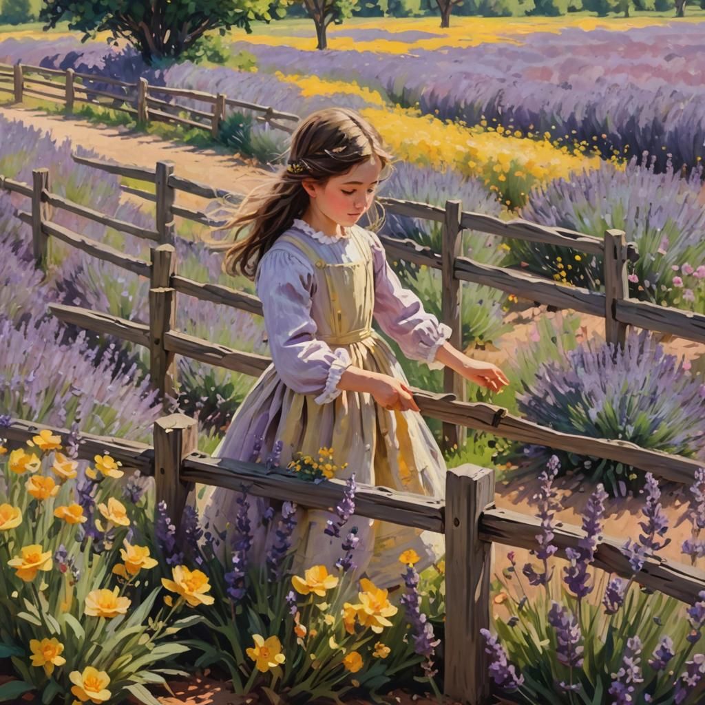 Girl on Fence with Lavender Flowers: Monet Impressionism