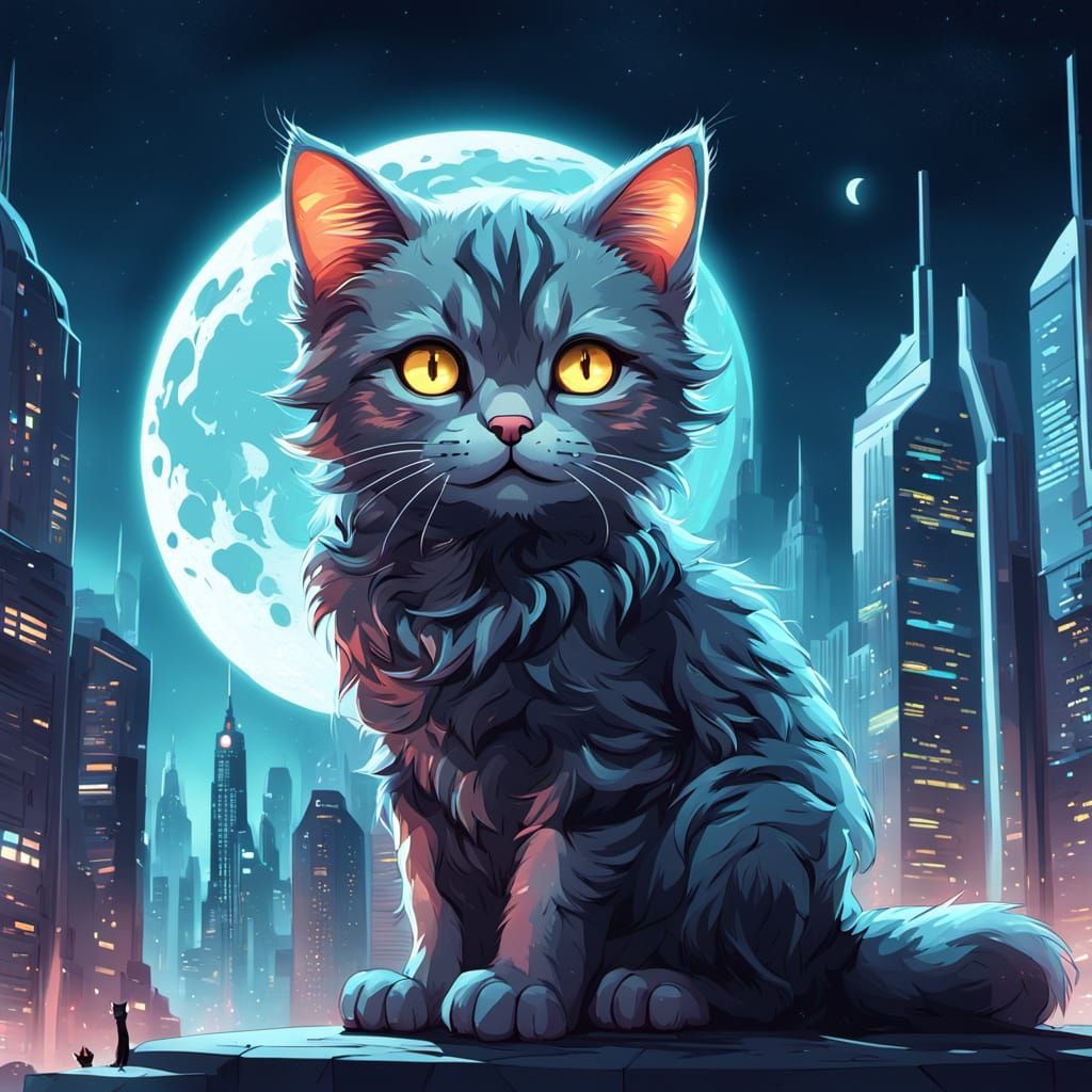 Cute Cat in Futuristic City Under Giant Moon