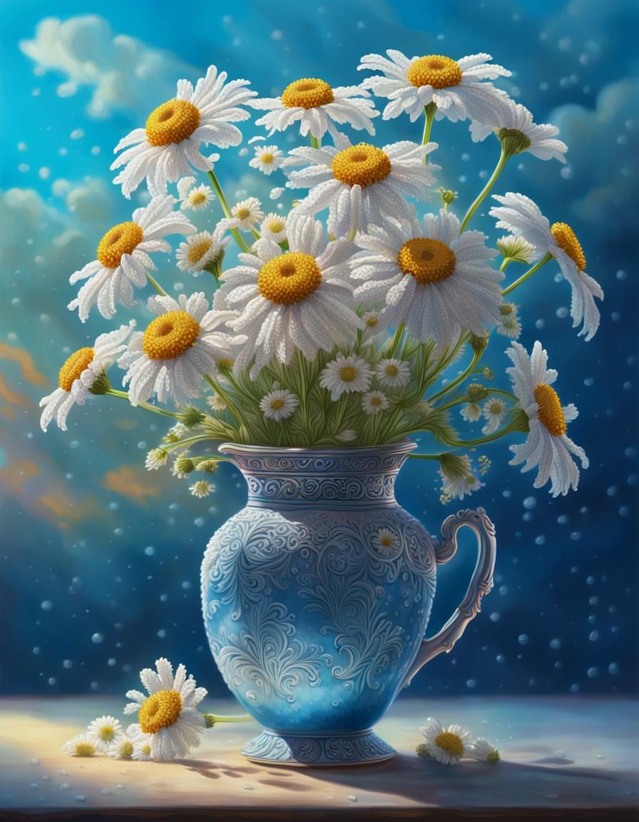 Sneezewort Flowers in Ornate Vase: Hyperrealistic Art