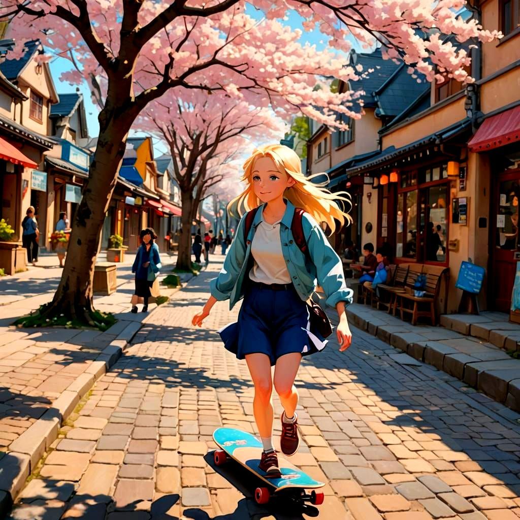 Girl Floats on Skateboard, Ghibli Style