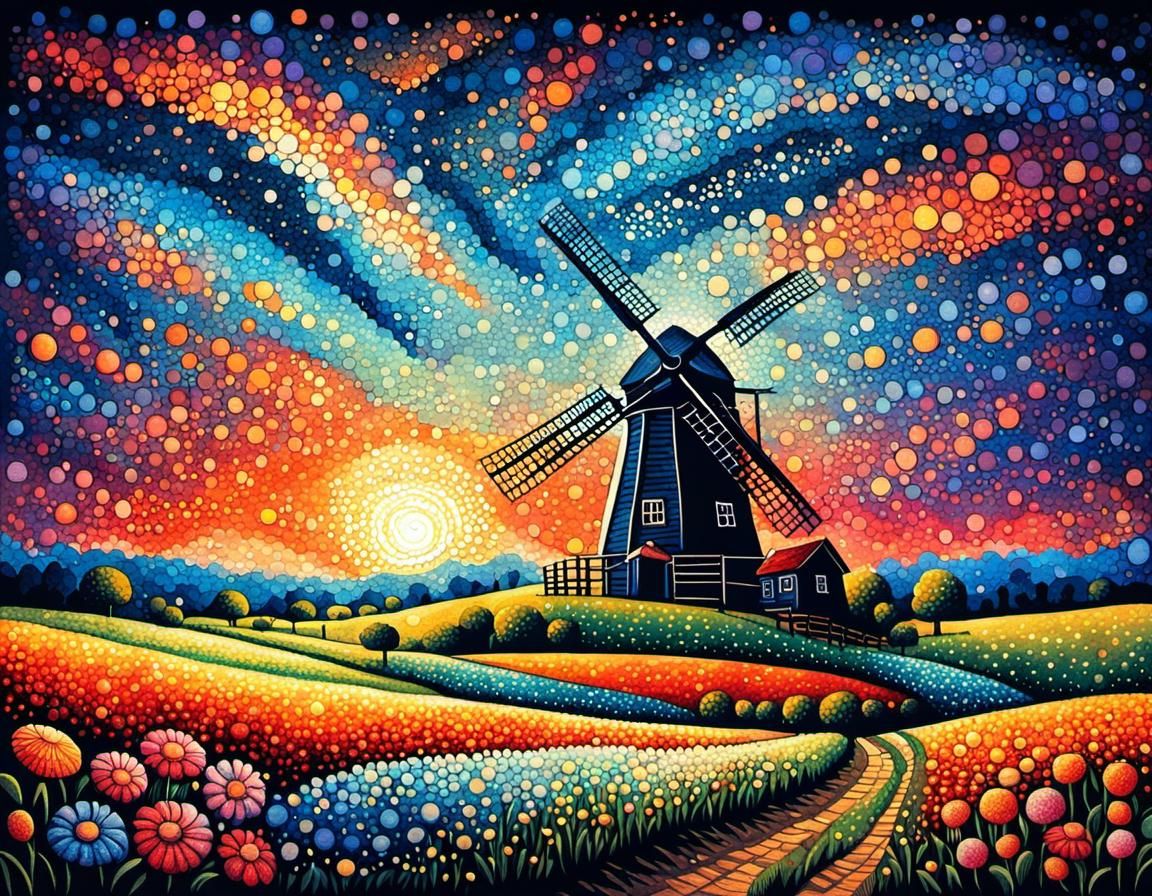 Romantic Pointillist Windmill Over Flower Field