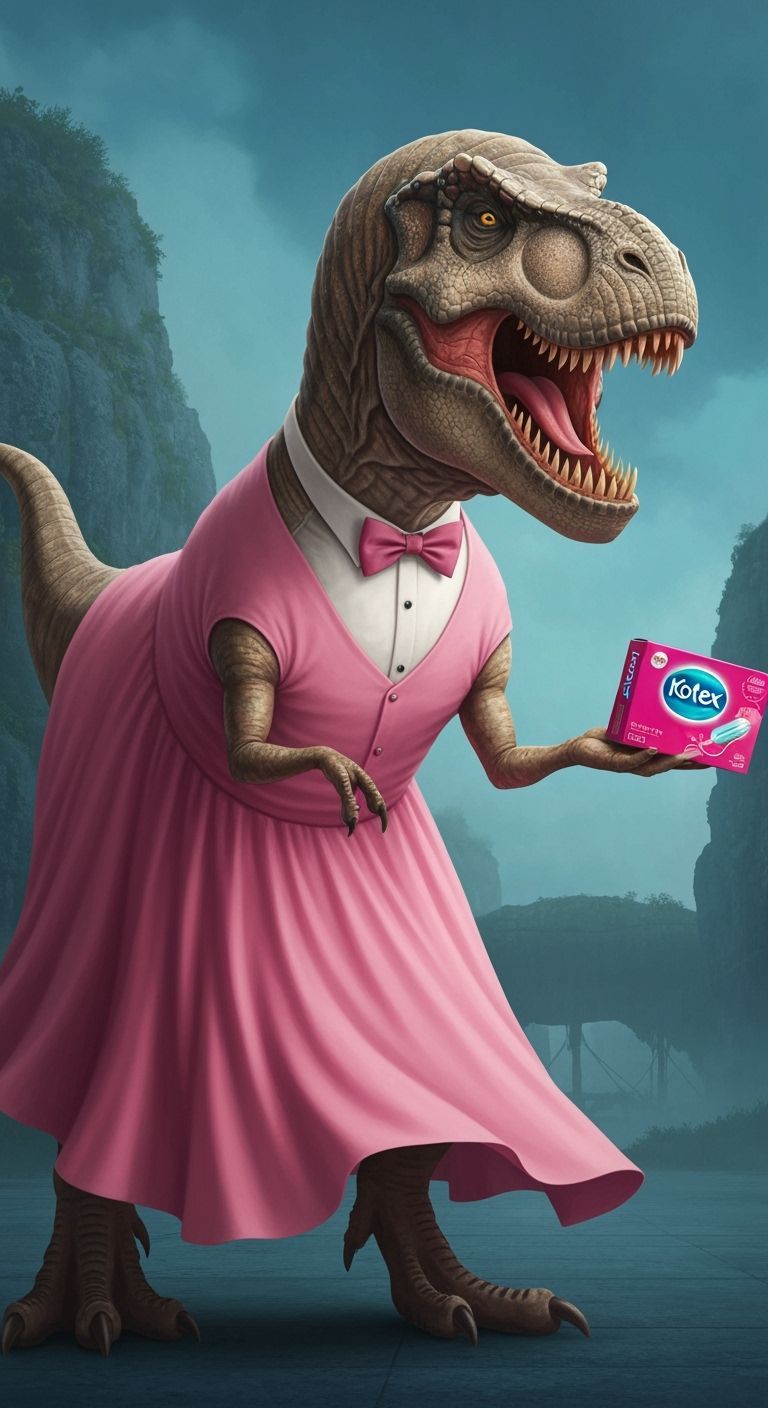 T-Rex in Pink Dress Holding Tampons: Photorealistic Art
