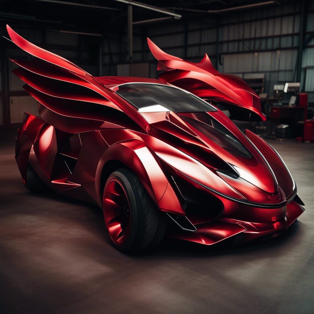 Red Metallic Car with Iron Wings Flying
