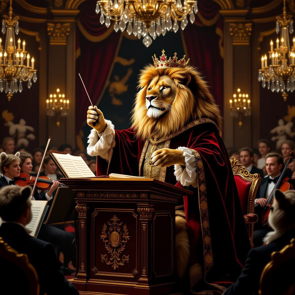 Lion Conductor Tangled in Baton with Woodland Orchestra