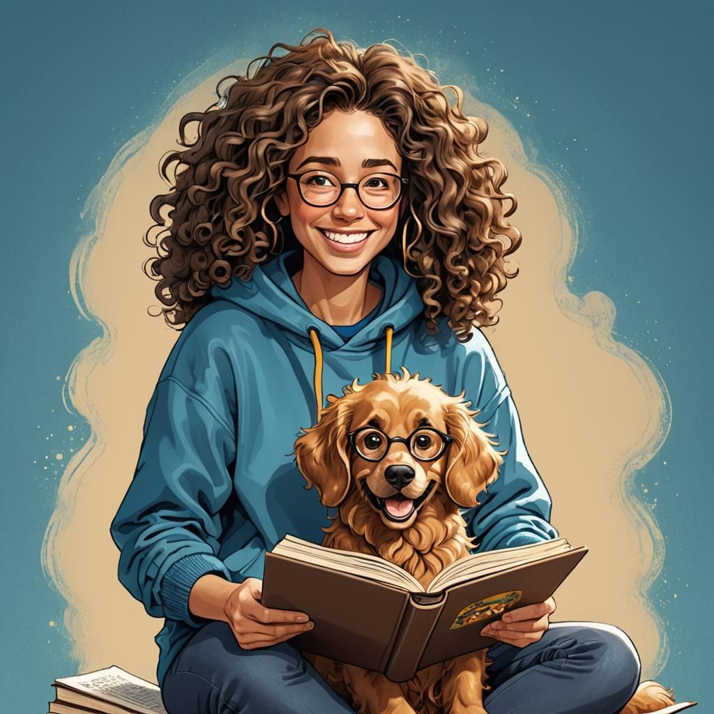 Humorous Caricature of Woman Reading with Dog
