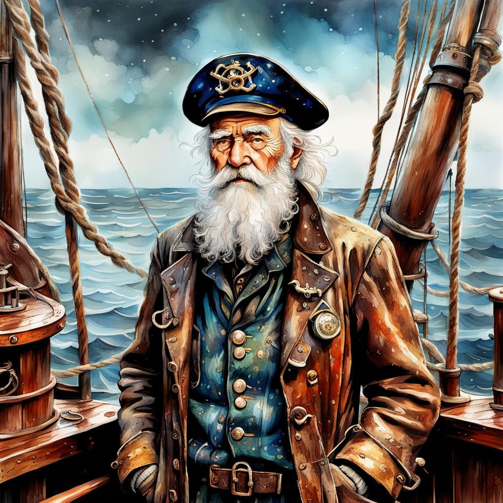 Grizzled Sailor on Deck as Alcohol Ink Art