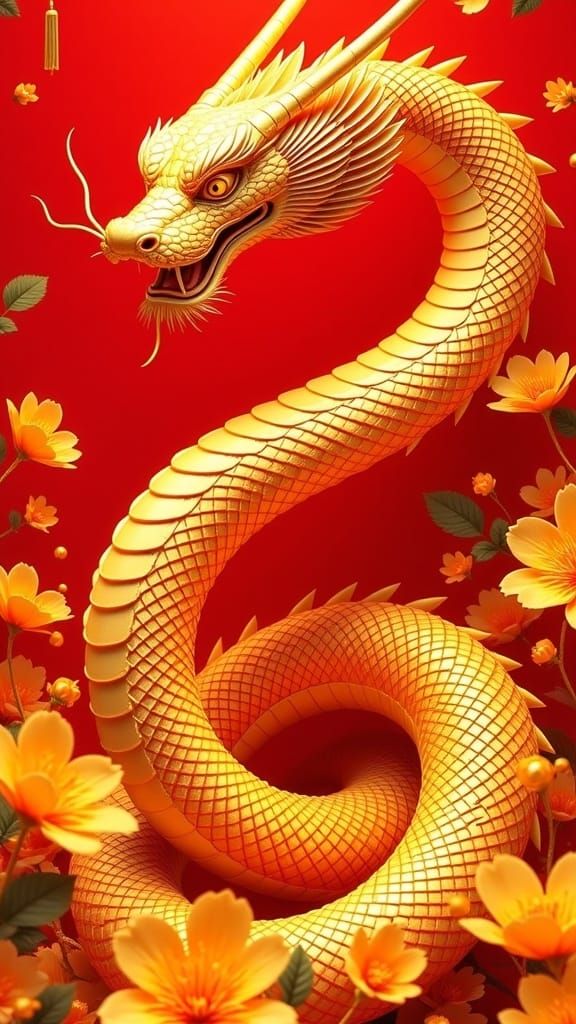 Chinese Snake in Gold Flowers for Lunar New Year