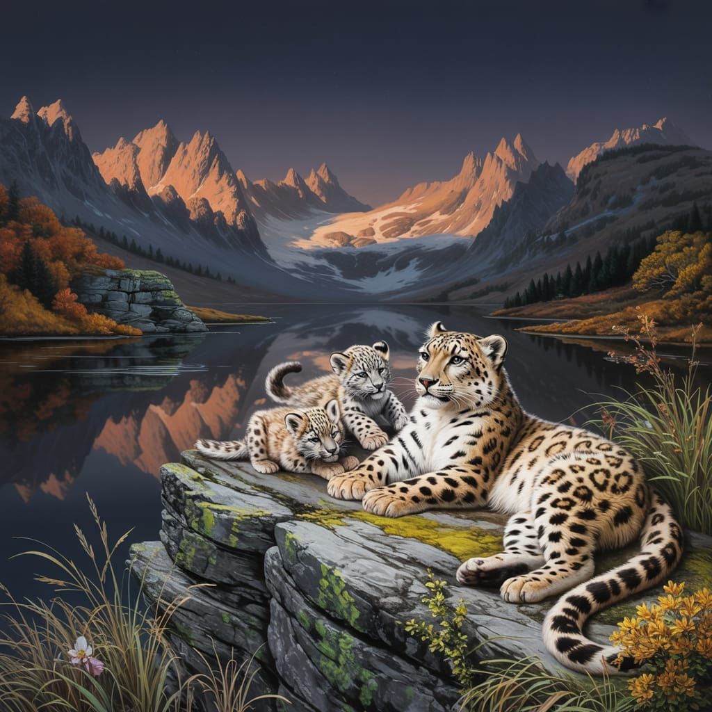 Snow Leopard Family at Alpine Lake: Hyper-Realistic Art