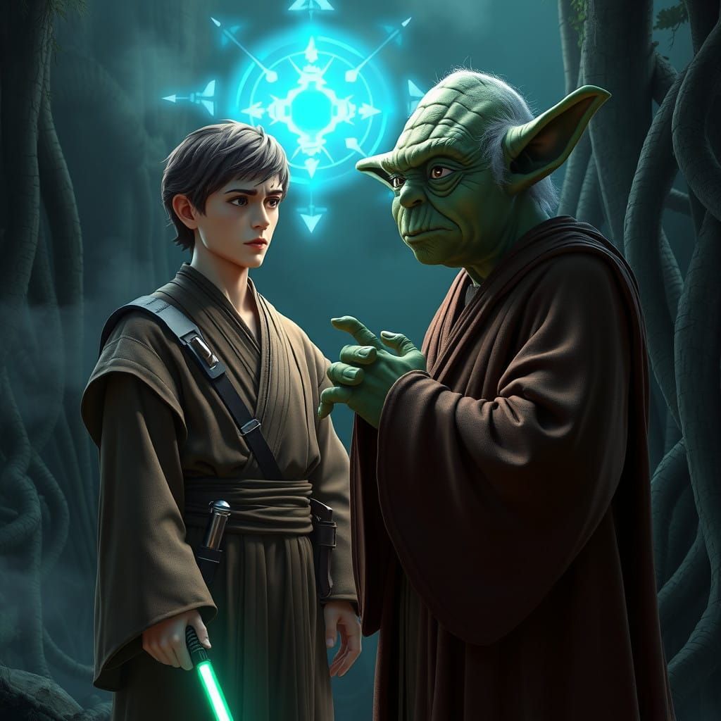 Realistic Anime Holographic Communication Scene with Jedi an...