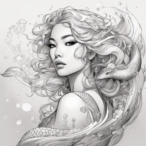 Beautiful Mixed Heritage Mermaid Portrait in Ink Style