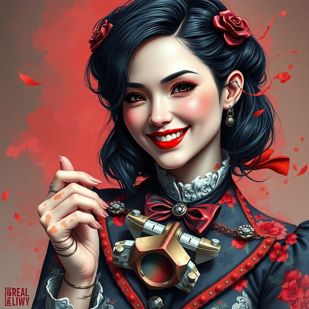 Gothic Victorian Lady Smiles with Metal Toy in Watercolor St...