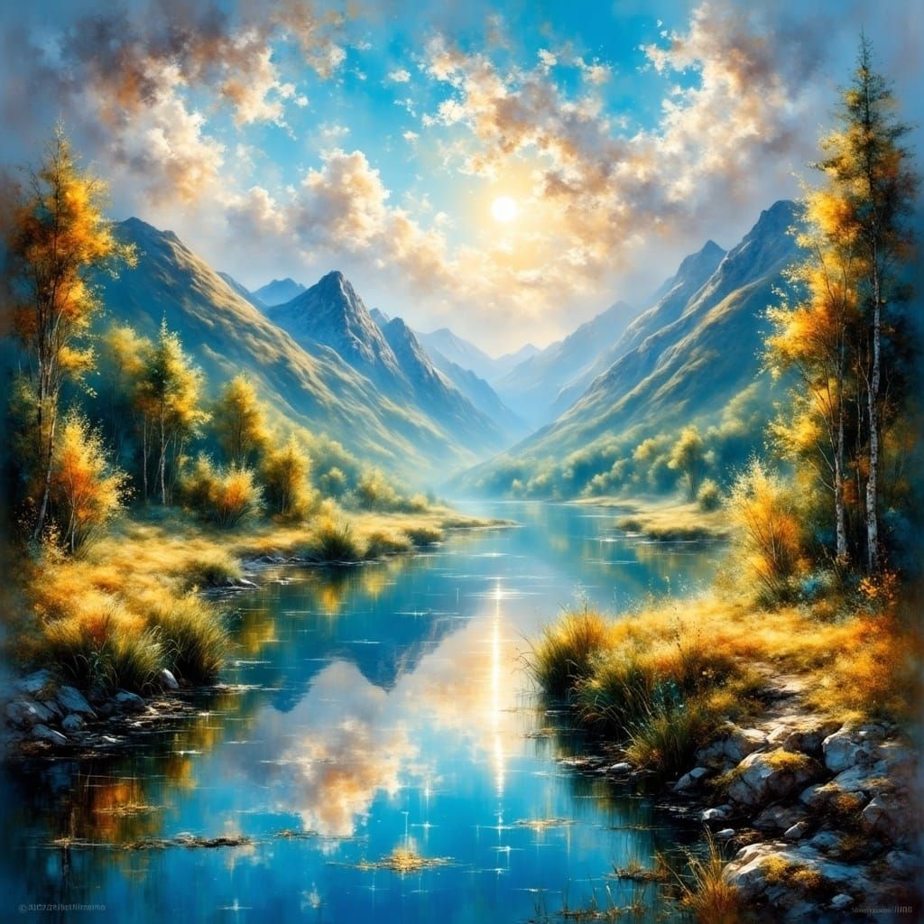 Fantastical World With Rivers And Sunbeams