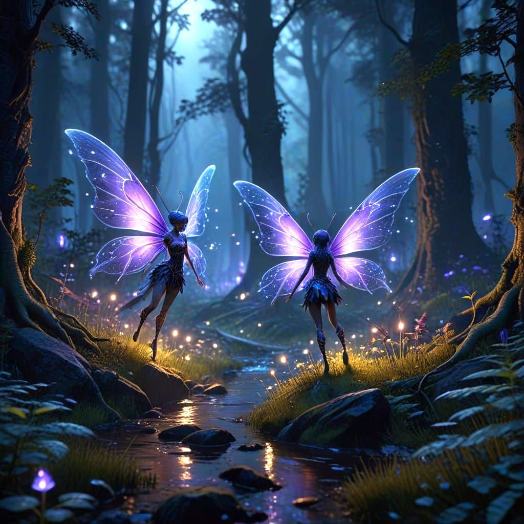 Fairies Dance in Enchanted Forest: Detailed Matte Painting