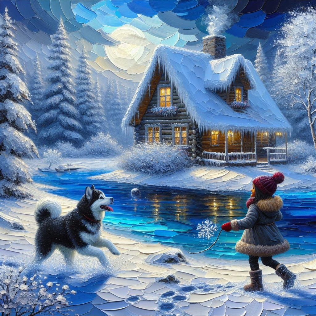 Whimsical Winter Scene of Girl and Dog, Impasto Painting