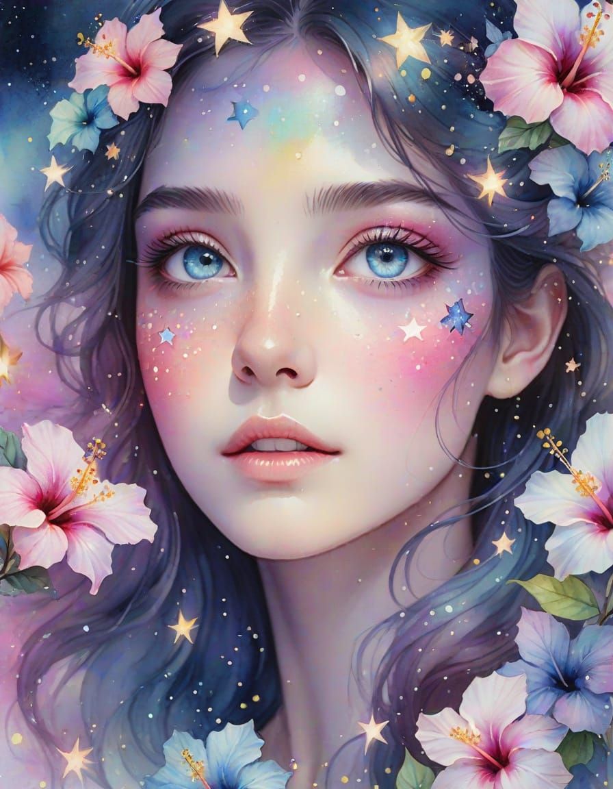 Opal Eyes with Stars and Flowers in Watercolor