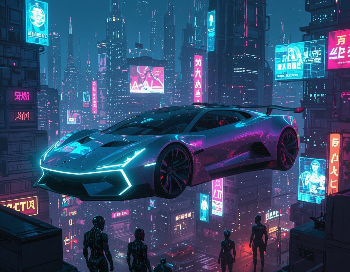Futuristic Car Over Neon Cyberpunk City
