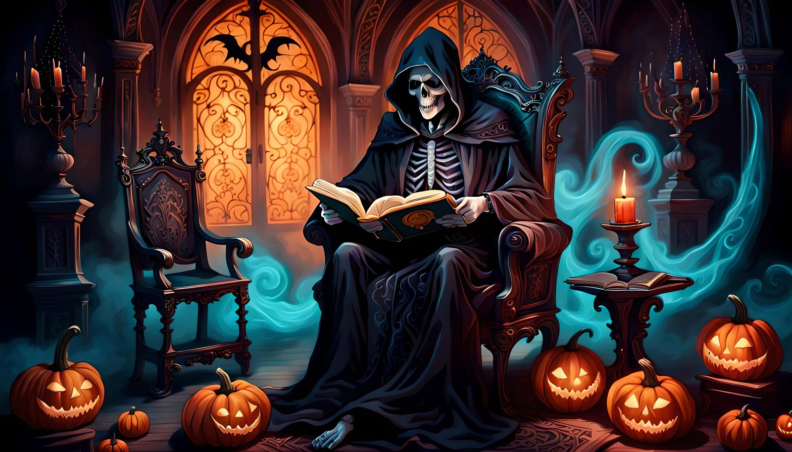Grim Reaper Reading in Gothic Castle, Fantasy Illustration