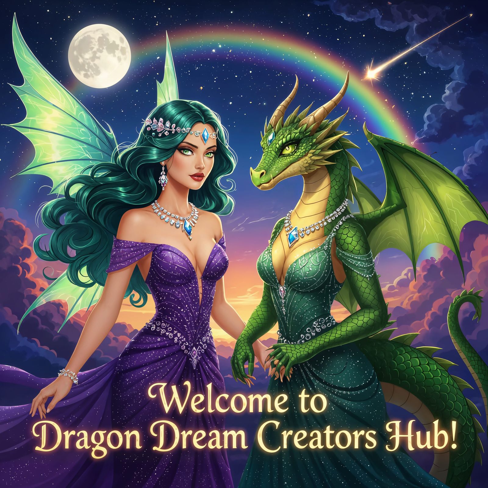 Green Haired Woman and Dragon in Art Nouveau Style