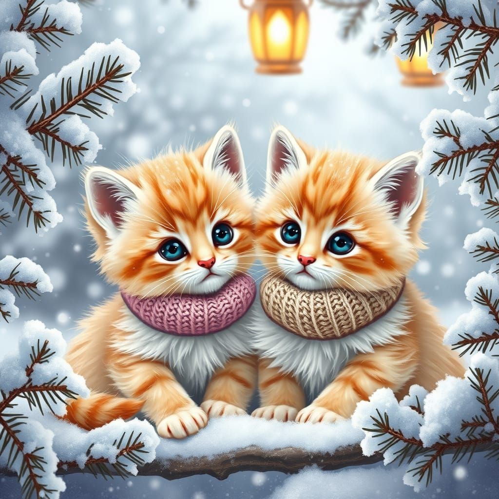 Whimsical Winter Kittens in a Cozy Snowy Scene