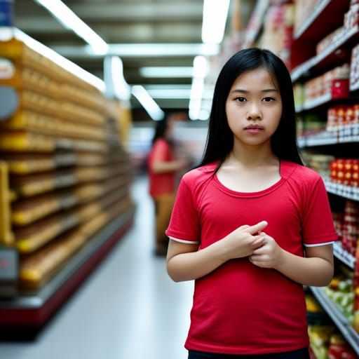 Hyperrealistic Asian Girl in Supermarket Photo