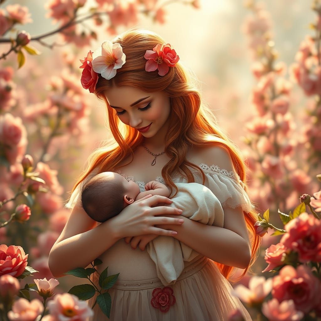 Enchanting Flower Elf Gazes at Newborn in Dreamlike Scene
